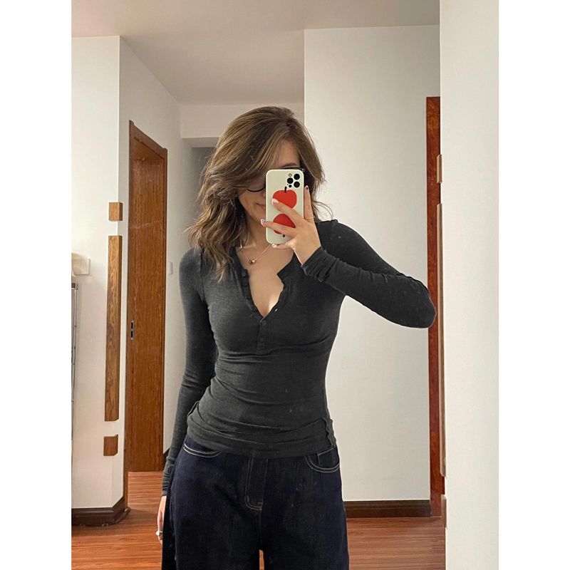 深灰色亨利衫长袖t恤女修身内搭打底衫掐腰显瘦早秋chic紧身上衣