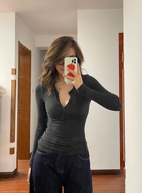 深灰色亨利衫长袖t恤女修身内搭打底衫掐腰显瘦早秋chic紧身上衣