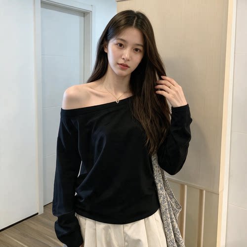 春秋季美式慵懒风纯色一字肩长袖t恤女士露肩宽松百搭打底衫上衣
