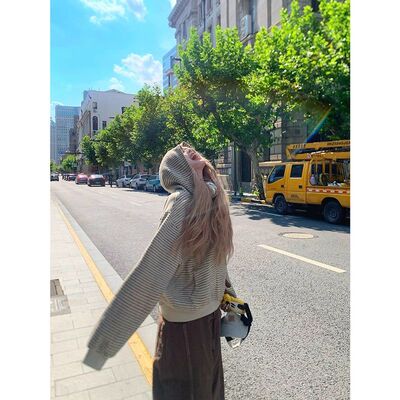 美式复古条纹慵懒感连帽外套秋冬重磅宽松加绒加厚拉链开衫卫衣女