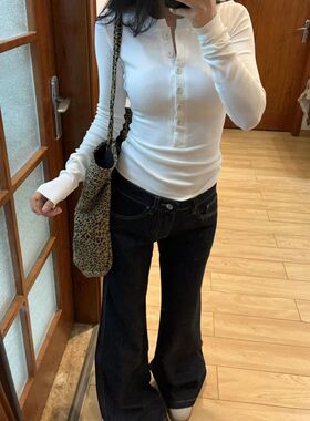 韩系复古亨利领半纽扣长袖t恤女早秋修身老钱风时尚休闲显瘦上衣