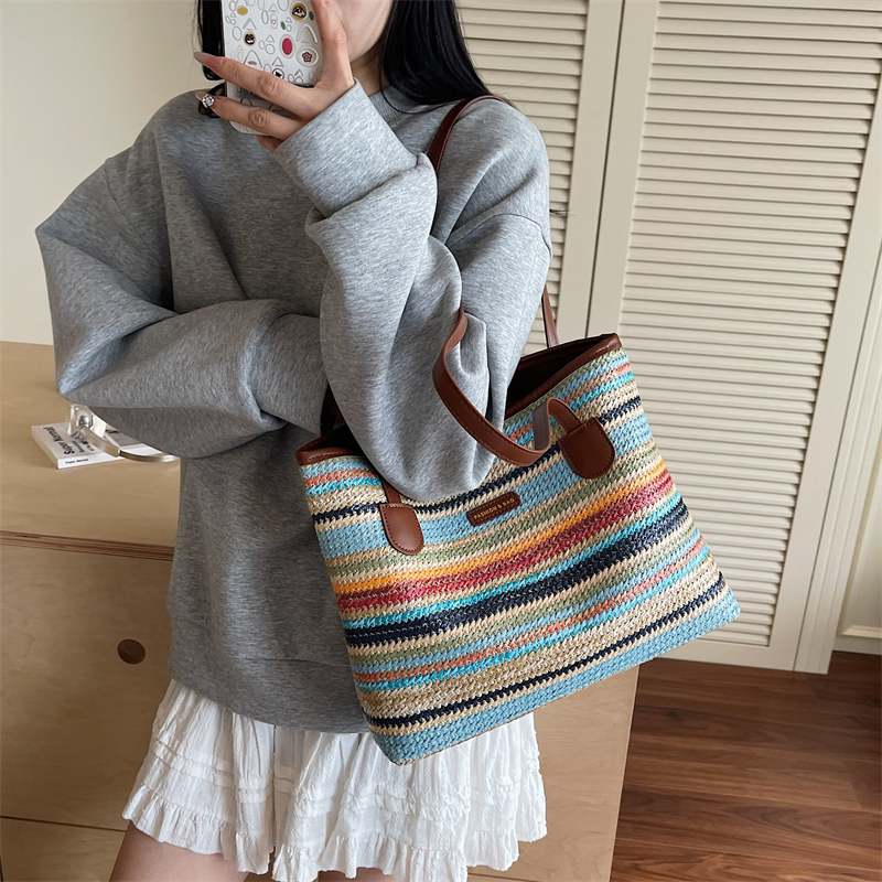 编织包包2025新款时尚休闲包单肩包女包洋气手提包夏季质感条纹包