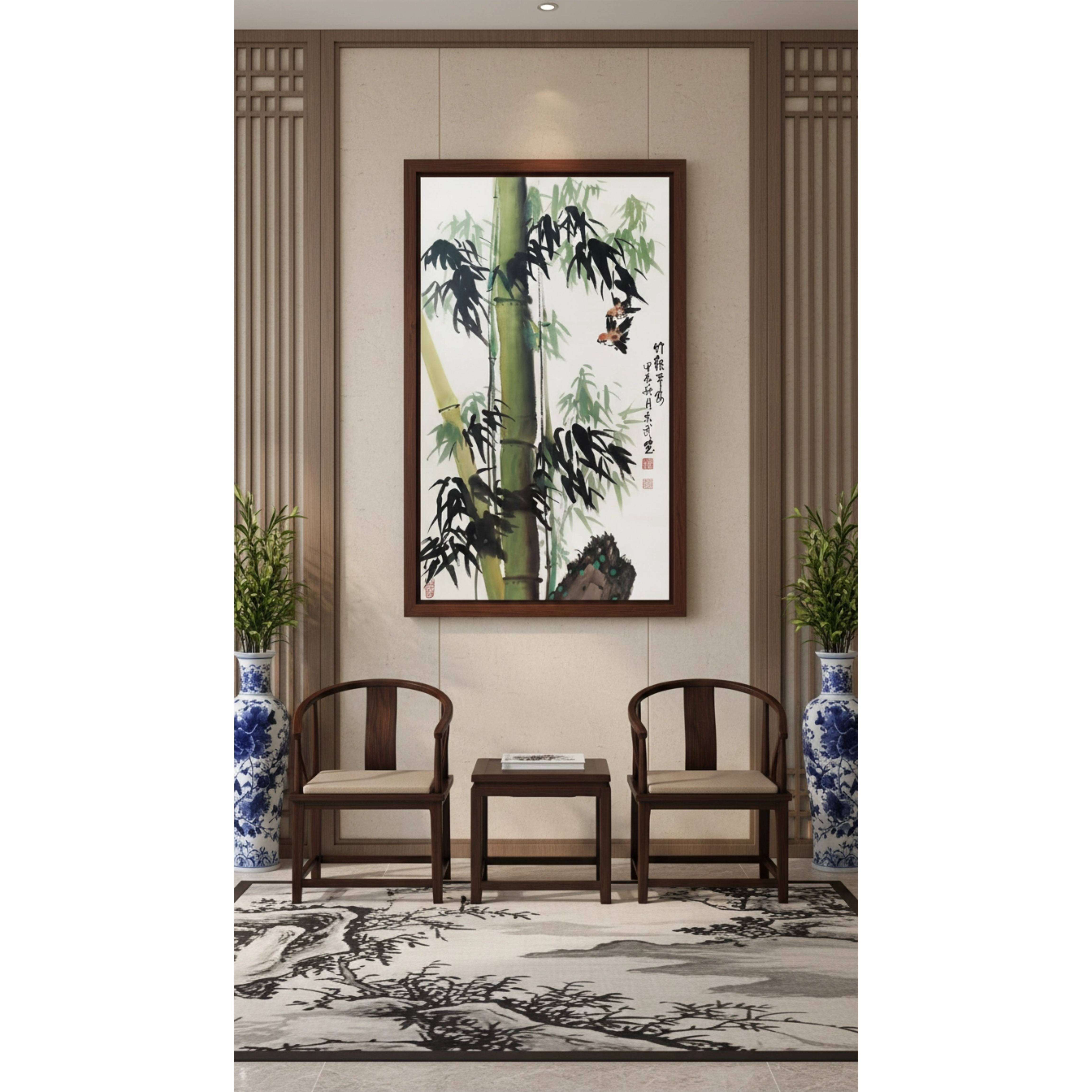 新中式挂画竹报平安玄关画新年祈福壁画背景墙装饰画手绘水墨国画