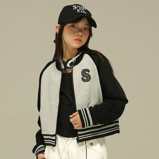 小女森女童春秋时髦学院风棒球服儿童撞色插肩针织短款卫衣外套潮