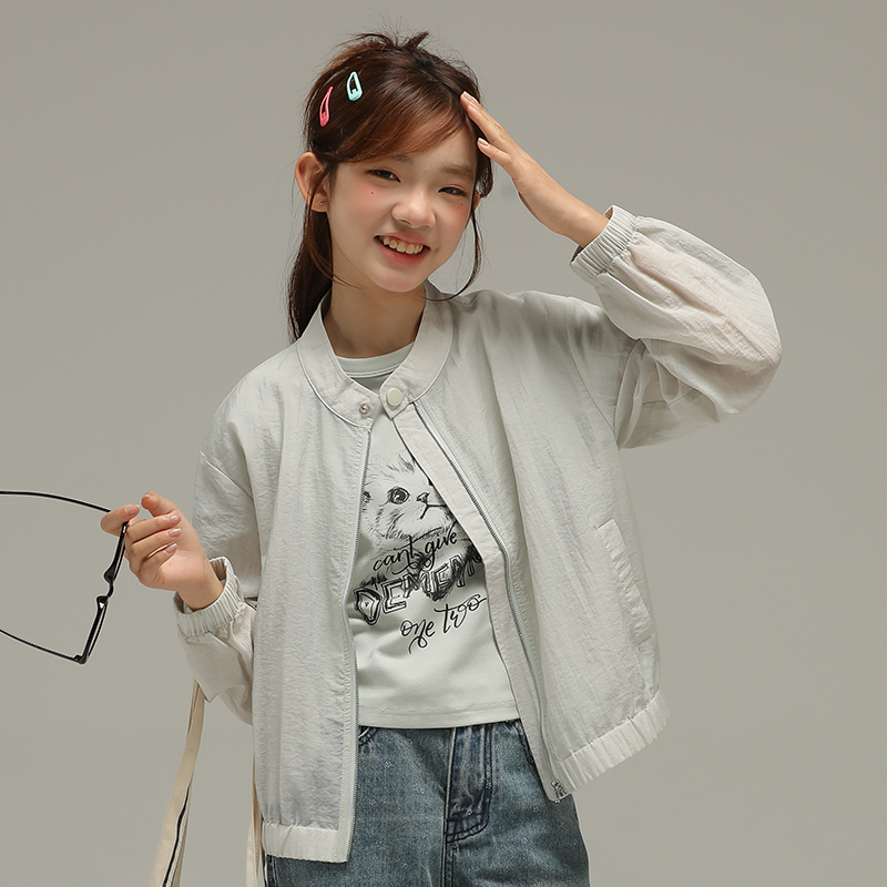小女森女童夏季防晒外套薄款纯色儿童简约立领宽松休闲空调衫上衣