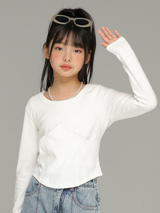 小女森女童春秋纯色显瘦长袖上衣中大童内搭修身气质打底衫短款女