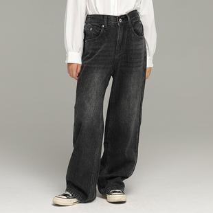 小女森女童秋冬加绒裤子黑色宽松牛仔裤中大童做旧外穿休闲长裤厚