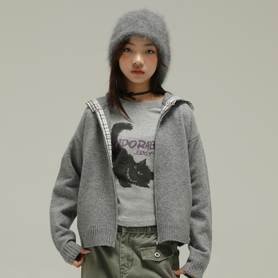 小女森女童春秋毛衣格纹拼接设计感开衫中大童宽松高级感连帽外套
