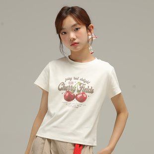 小女森女童夏季 上衣 T恤甜美樱桃印花短袖 中大童正肩显瘦休闲半袖