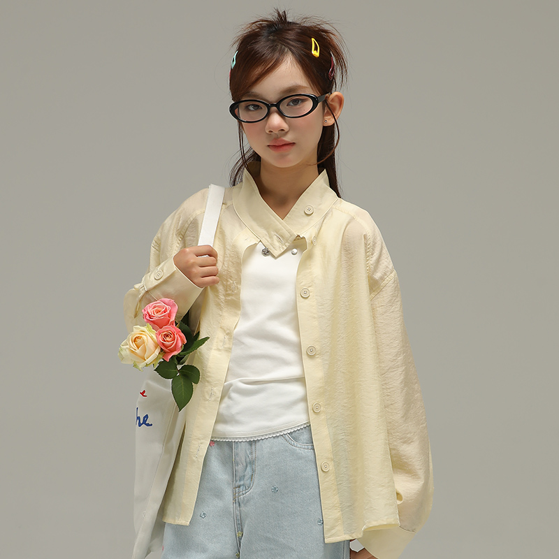 小女森女童夏季衬衫浅黄立领防晒衫儿童宽松空调衫薄款长袖上衣潮