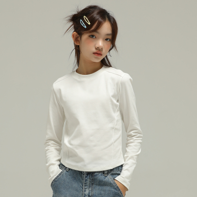 小女森女童春秋长袖T恤纯色弹力打底衫中大童正肩圆领收腰上衣女