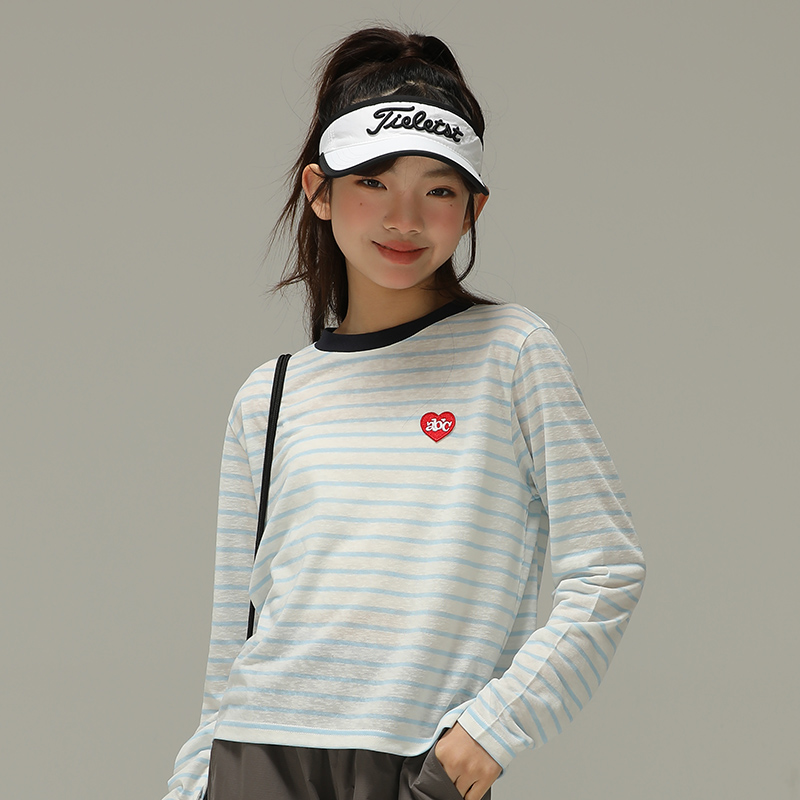小女森女童夏季T恤薄款条纹撞色内搭中大童基础圆领防晒长袖上衣
