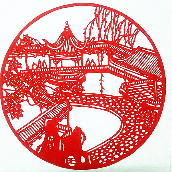 传统纯手工窗花剪纸作品画 亭子园艺剪纸镂空画 双面红宣纸装裱用