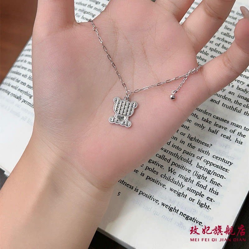 香港正生足银999碎冰冰爱心小熊纯银项链简约百搭锁骨链送女友