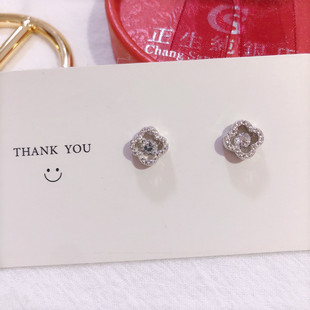 香港正生纯银s925幸运草跳动 气质耳环 心灵动闪钻耳钉女简约时尚