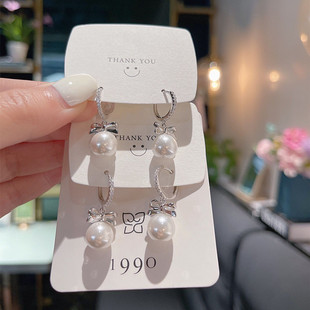 香港正生蝴蝶结珍珠纯银耳扣耳钉耳环女简约百搭轻奢高级感耳饰品