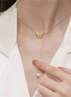 蝴蝶珍珠纯银项链女简约百搭时尚