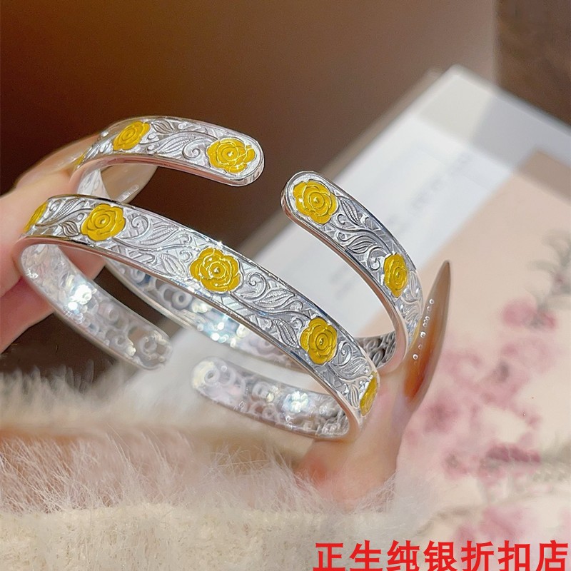 玫瑰花描金纯银手镯女简约百搭