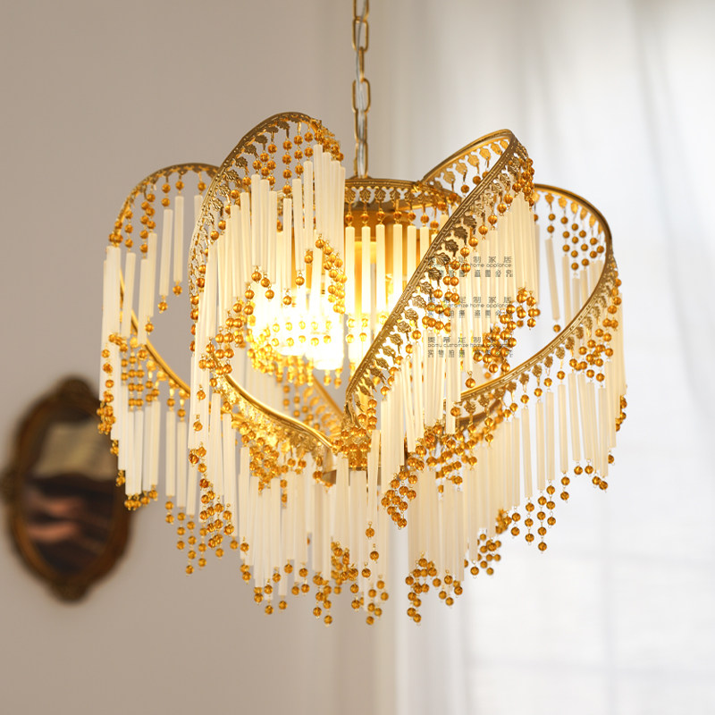 奥幕灯饰美式全铜复古流苏客厅餐厅中古书房卧室法式铁艺玻璃吊灯