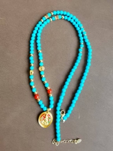 湖北十堰原矿高瓷绿松石4mm圆珠项链锁骨链吊坠黄财神招财长30cm