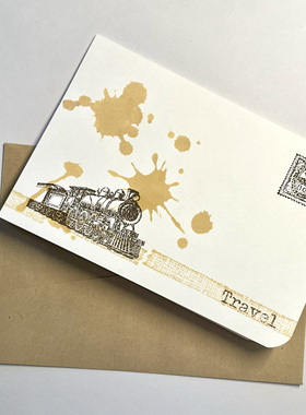 宁夏湾原创设计手工贺卡复古款旅行卡饯行卡诗和远方火车头墨渍款