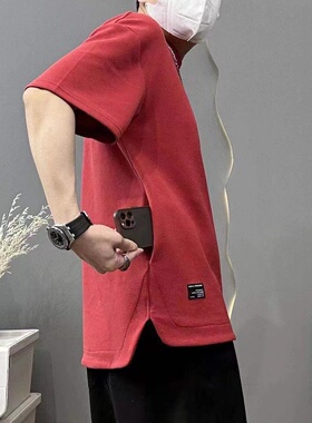 隐藏式口袋重磅华夫格清凉透气男女短袖圆领夏季纯色宽松大码T恤