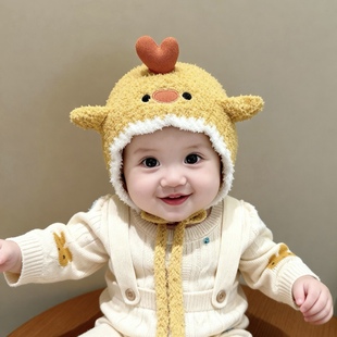 新生儿帽子可爱动物毛绒帽婴儿宝宝秋冬防风保暖护耳帽出游百搭款