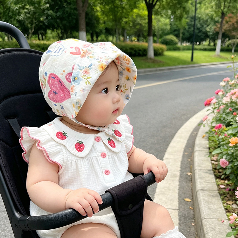 时尚婴儿帽子百搭春夏防晒防风遮阳护耳帽洋气韩版女宝宝包头帽潮