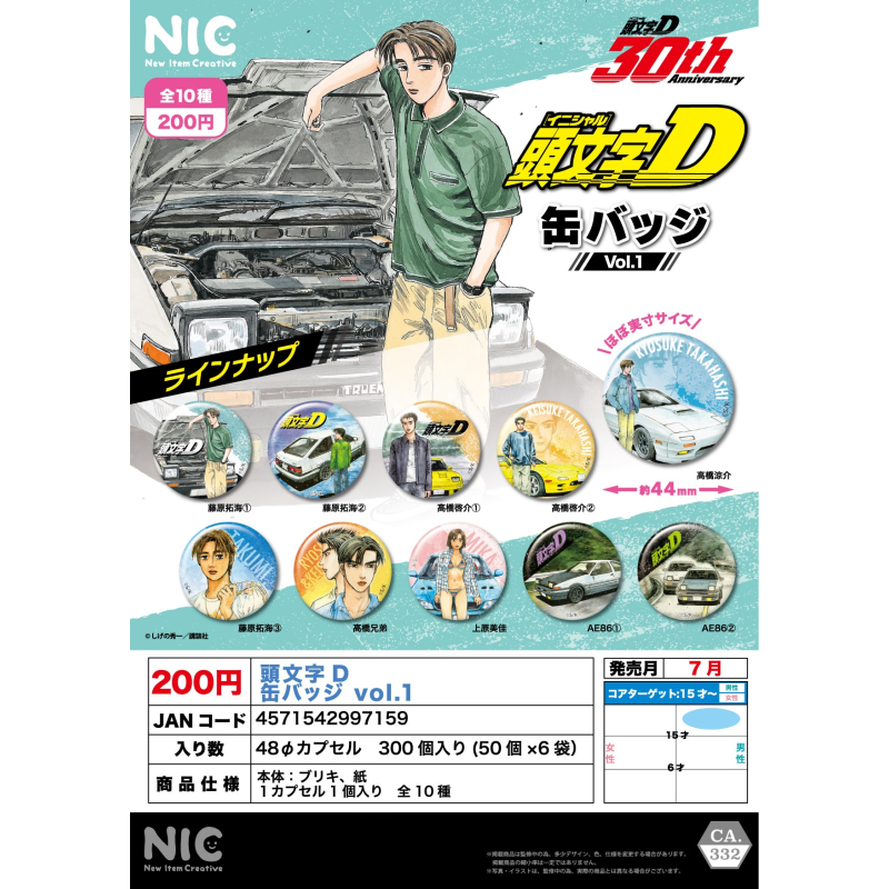 虾壳社 现货日本NIC扭蛋 头文字D 原画风格 金属徽章 第一弹 吧唧