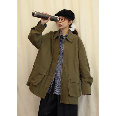 8.18日系翻领大口袋格纹内衬风衣外套