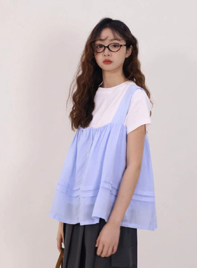 【清仓169两件】蓝色单排扣宽肩带背心