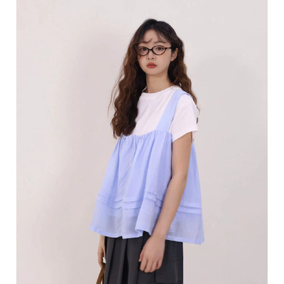 打褶单排扣背带式日系背心