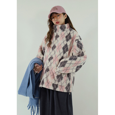 日系常规聚酯纤维菱形格外套