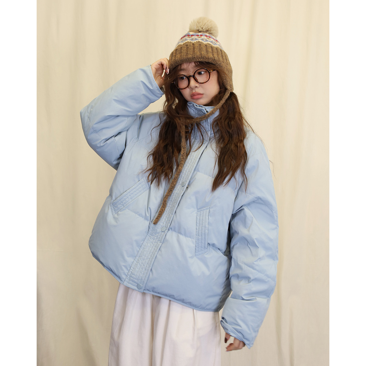 11.10日系浅蓝色门襟绗线立领羽绒服小个子