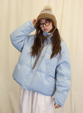 11.10日系浅蓝色门襟绗线立领羽绒服小个子