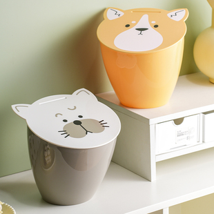 新款桌面垃圾桶高颜值可爱卡通柯基小熊家用办公台面收纳纸篓带盖