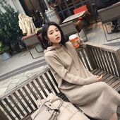 宽松慵懒风毛衣裙女 连衣裙连帽中长款 网红毛衣新款 秋冬高领针织衫