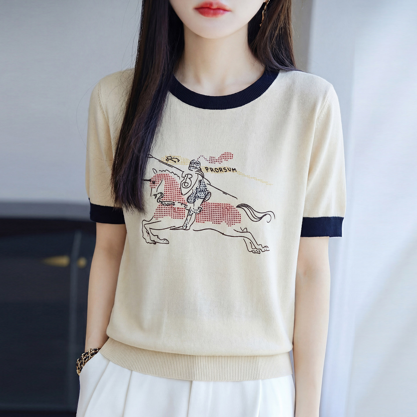桑蚕丝短袖宽松印花T恤女