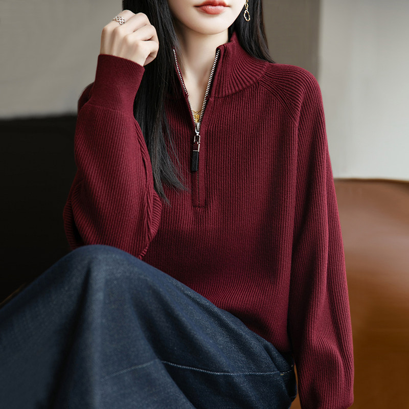 通勤风半高领拉链针织衫女红色显瘦大码毛衣上衣拉链衫高龄新款爆