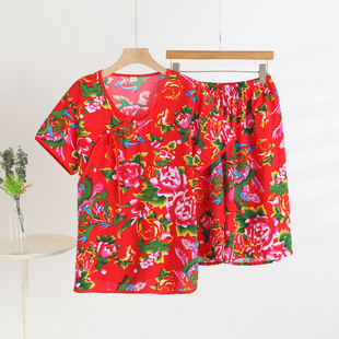 大码绵绸家居服套装女夏季大花布短袖短裤中老年人造棉睡衣两件套