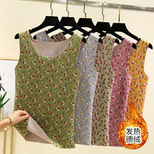 双面德绒无痕保暖背心秋冬加绒圆领碎花坎肩大码 打底上衣 内穿无袖
