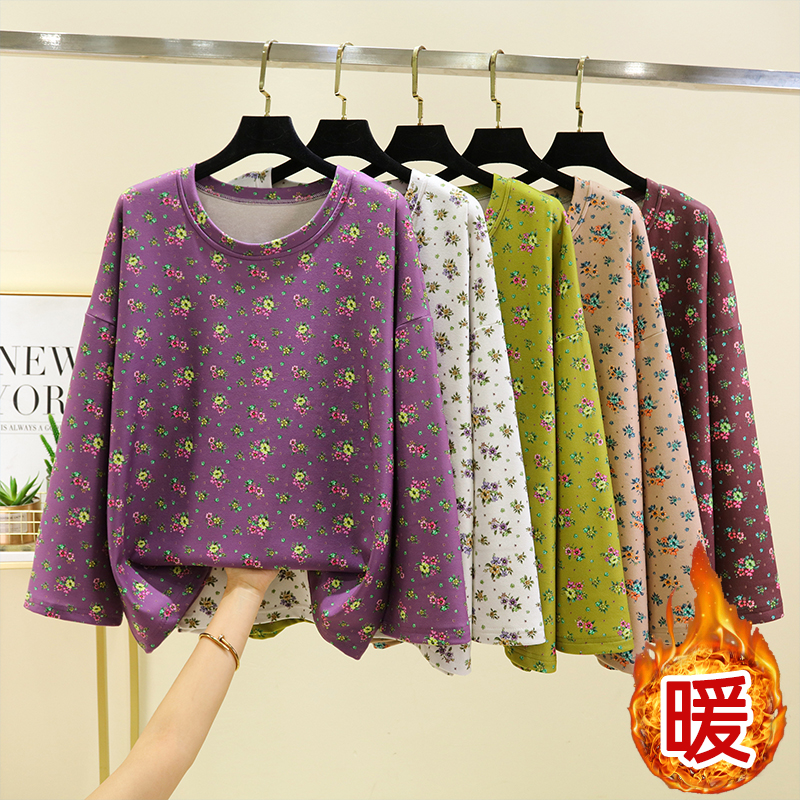 德绒圆领碎花保暖上衣女冬季内搭加绒打底衫修身大码加厚长袖T恤