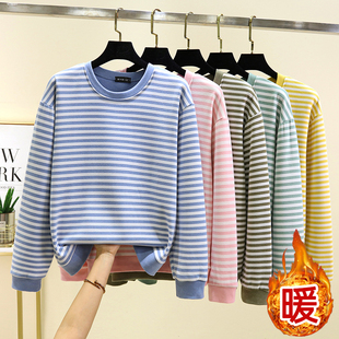 德绒保暖条纹卫衣女冬季加绒磨毛睡衣休闲大码圆领长袖宽松打底衫