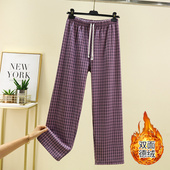 美式 宽松加厚加绒直筒长裤 复古格子阔腿裤 女冬德绒高腰慵懒家居裤