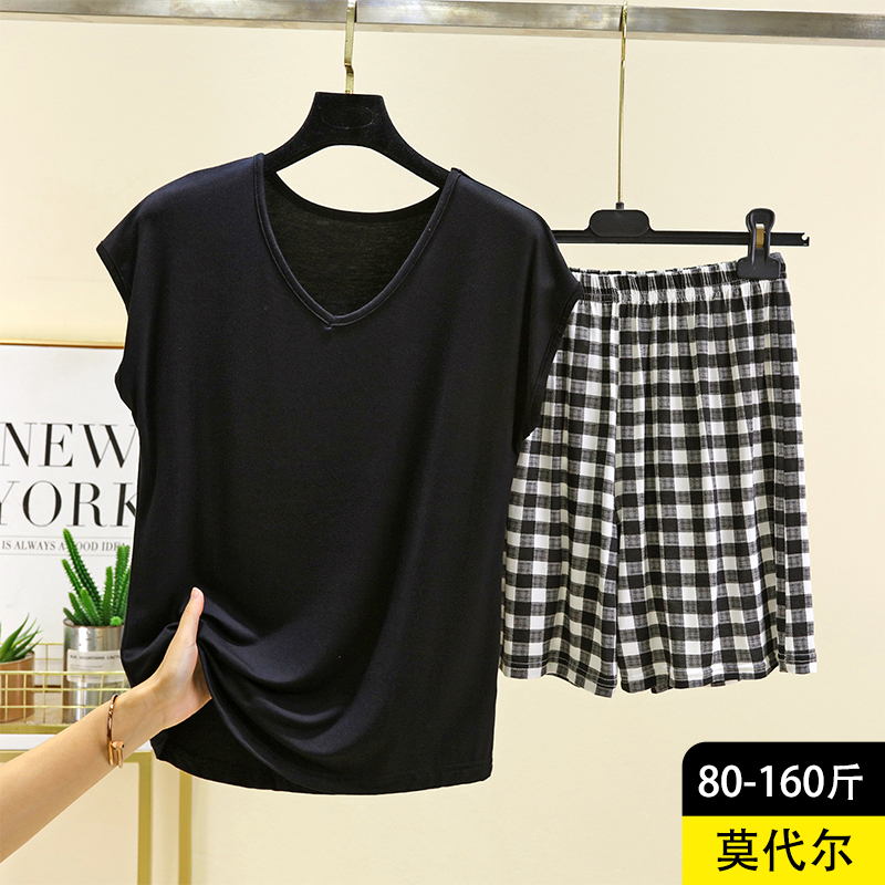 莫代尔V领无袖T恤短裤两件套
