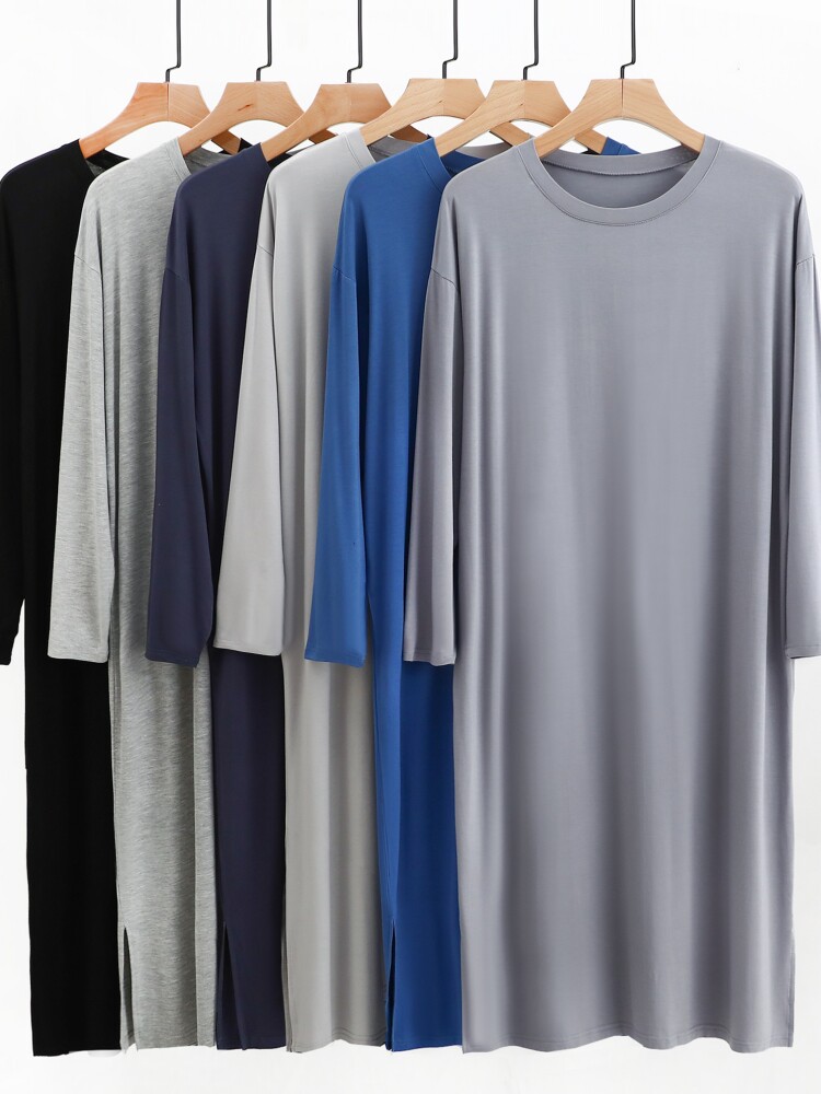 모달 남성용 긴팔 잠옷 얇은 중간 길이 잠옷 대형 루즈 잠옷 캐주얼 올인원 목욕 가운