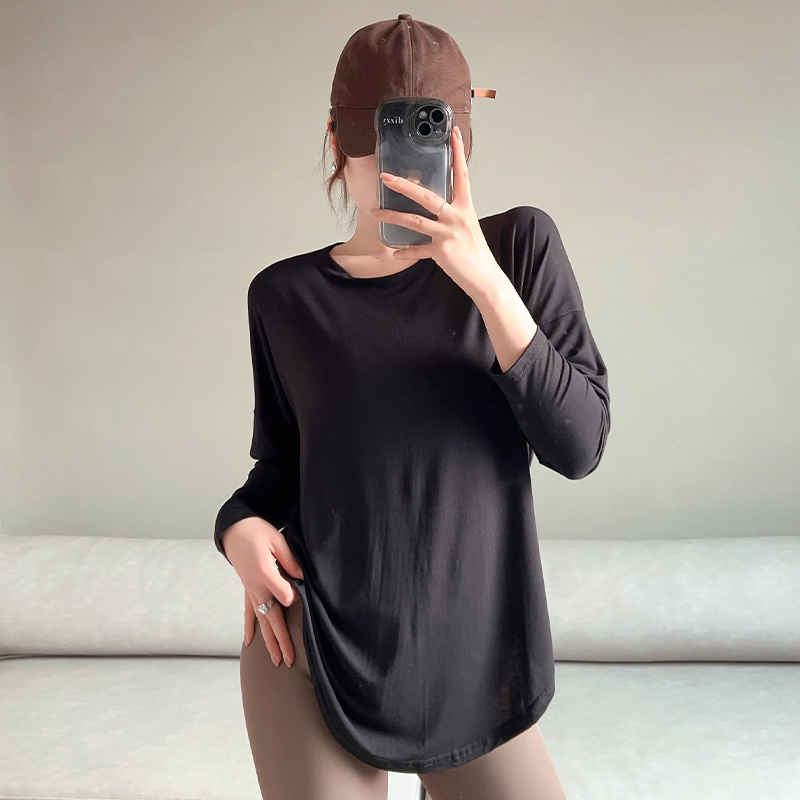 莫代尔长袖打底衫女春薄款休闲宽松上衣外穿大码纯色百搭防晒T恤