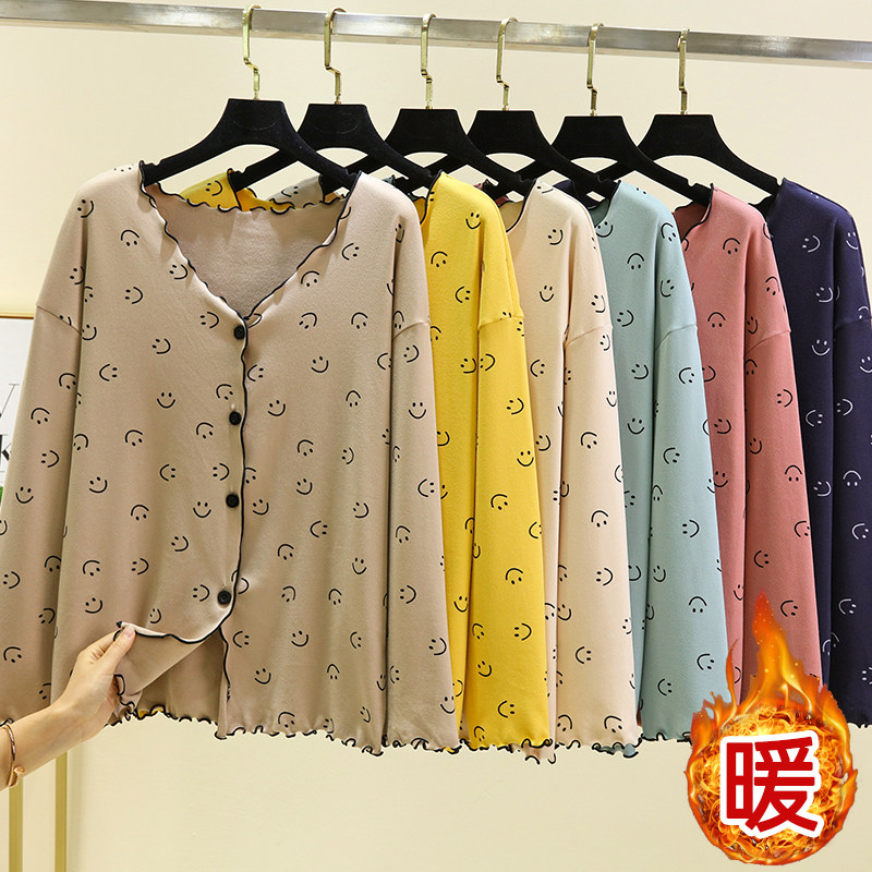 德绒飞边笑脸睡衣上装冬季宽松加绒长袖开衫休闲简约加厚居家上衣