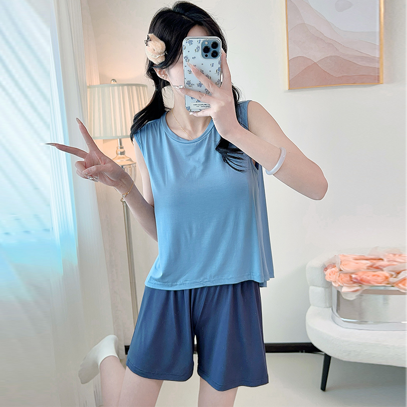 带胸垫莫代尔无袖睡衣套装女夏薄款背心休闲短裤大码家居服两件套