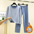 宽松家居服两件套 大码 德绒保暖睡衣套装 女冬加绒加厚条纹上衣长裤